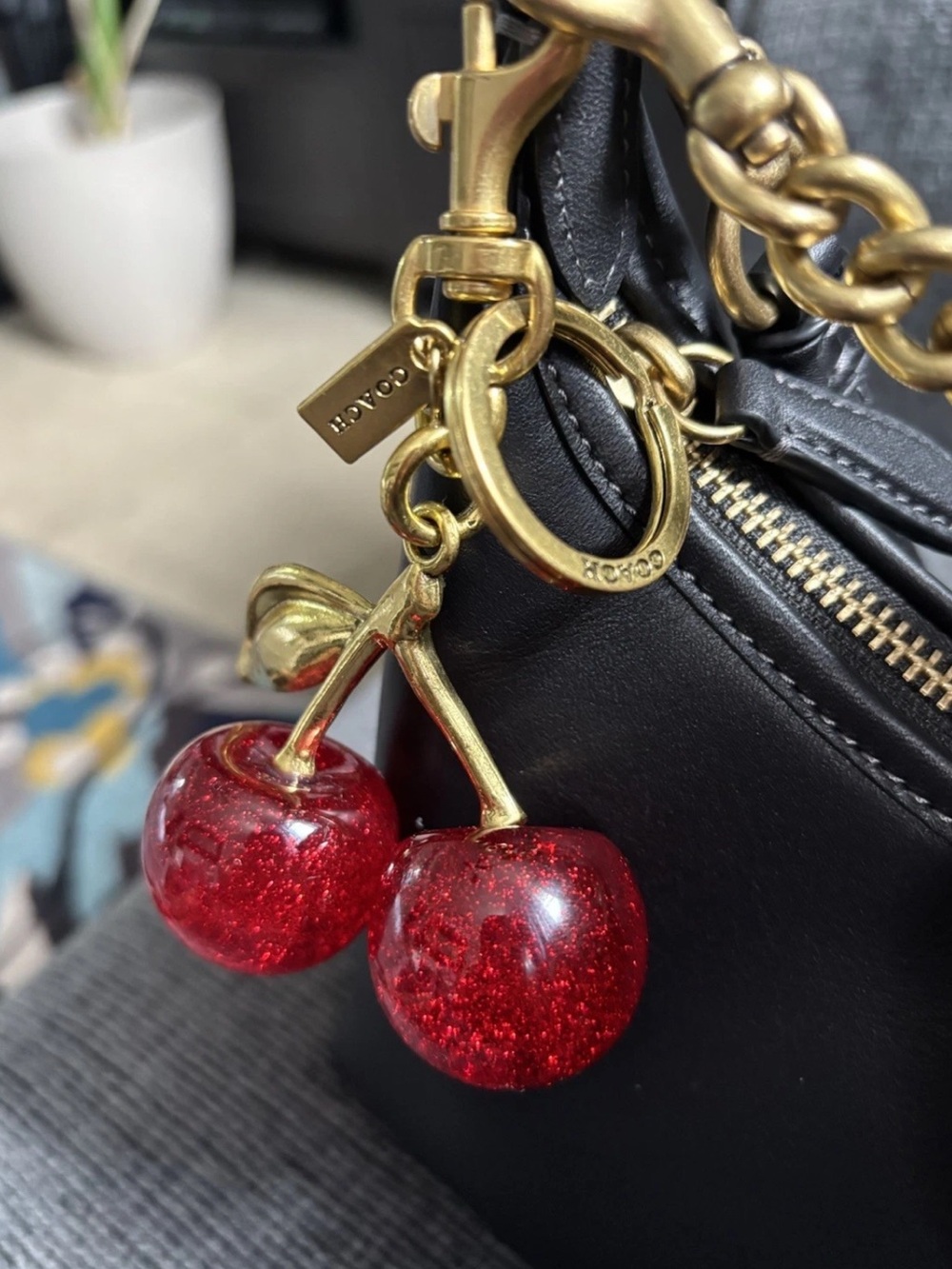 COACH Gold Cherry Keychain with Glitter Red Cherries - Picture 3 of 10